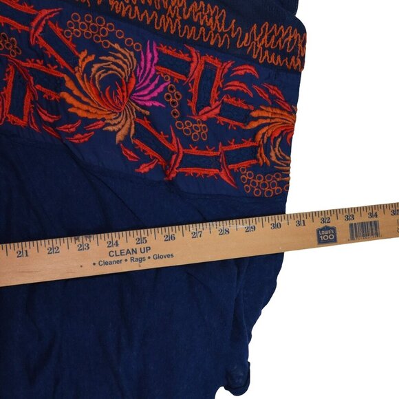 Free People Navy Embroidered Poncho Top XS Boho Boxy Festival Gauze Blouse - Picture 6 of 9
